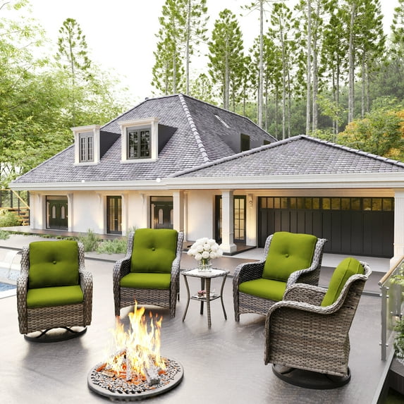 MeetLeisure 5 Pieces Outdoor Furniture Patio Furniture Set with Two Armchairs, Two Swivel Rocking Chairs, One Side Table, Green