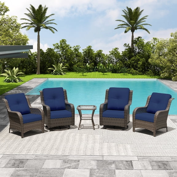 MeetLeisure 5 Piece Wicker Patio Furniture Set, 2 Swivel Rocker Chairs, 2 Rattan Armchairs, 1 Side Table, High Back, Deep Seating, Thick Cushions for Deck Porch, Dark Blue