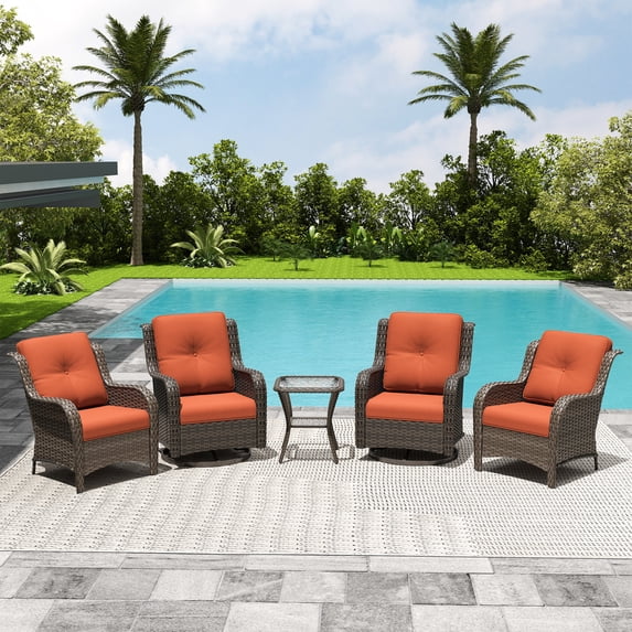 MeetLeisure 5 Piece Wicker Patio Furniture Set, 2 Swivel Rocker Chairs, 2 Rattan Armchairs, 1 Side Table, High Back, Deep Seating, Thick Cushions for Deck Porch, Orange