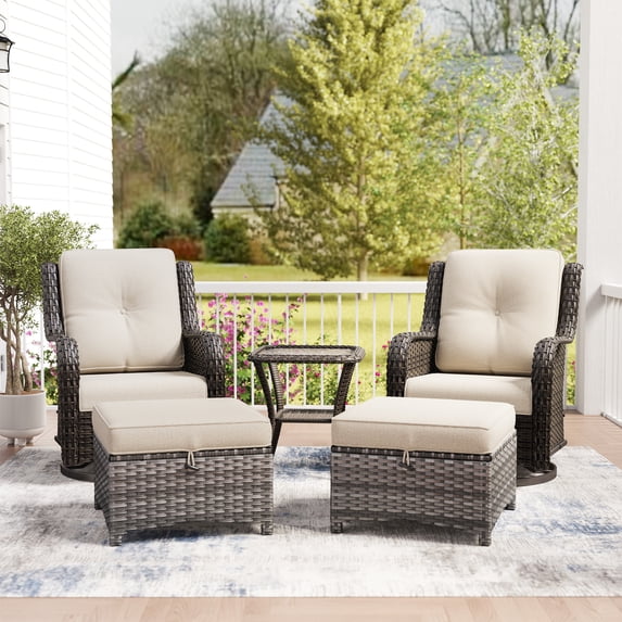 MeetLeisure 5 Piece Wicker Patio Furniture Set, 2 Swivel Rocker Chairs with 2 Ottomans and 1 Side Table, High Back, Deep Seating, Wide Armrest, Thick Cushions for Deck Porch, Beige