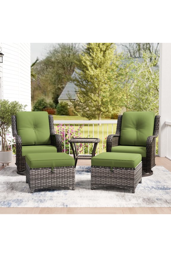 5 Piece Wicker Patio Furniture Set, 2 Swivel Rocker Chairs with 2 Ottomans and 1 Side Table, High Back, Deep Seating, Wide Armrest, Thick Cushions for Deck Porch, Green