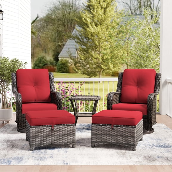 MeetLeisure 5 Piece Wicker Patio Furniture Set, 2 Swivel Rocker Chairs with 2 Ottomans and 1 Side Table, High Back, Deep Seating, Wide Armrest, Thick Cushions for Deck Porch, Red