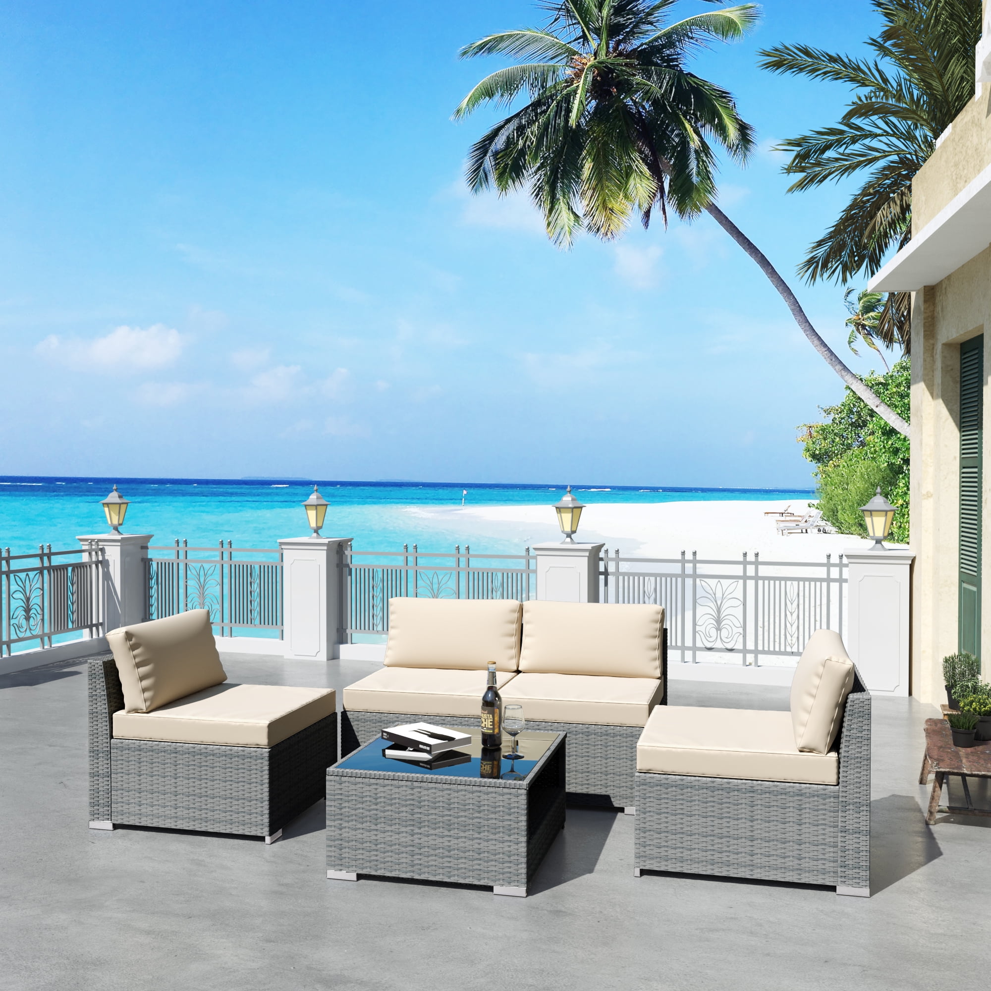 MeetLeisure 5 Pieces Outdoor Patio Couch Set with Coffee Table and ...