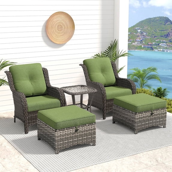 Meetleisure 5 Piece Wicker Patio Furniture Set, Rattan Chairs with Side Table, Ottomans, High Back, Deep Seating, Wide Armrest, Thick Cushions for Deck Porch, Green