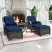 MeetLeisure 5 Pieces Patio Conversation Set, Four Wicker Chairs, Two Ottomans and One Side Table with 3.5-inch Seat Cushions, Navy