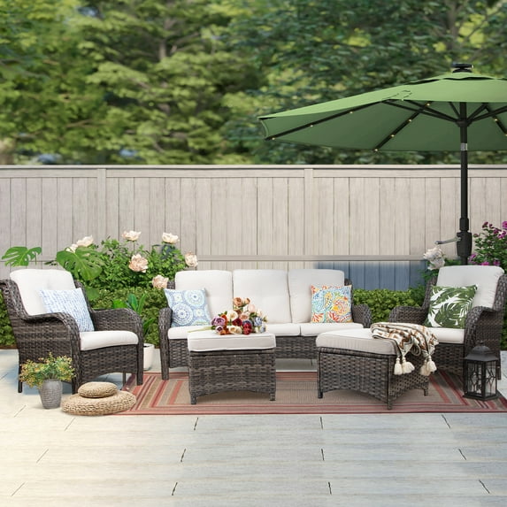 MeetLeisure 5 Pieces Patio Conversation Set, Two Wicker Chairs, One 3-Seat Sofas and Two Ottomans with 3.5-inch Seat Cushions, Beige