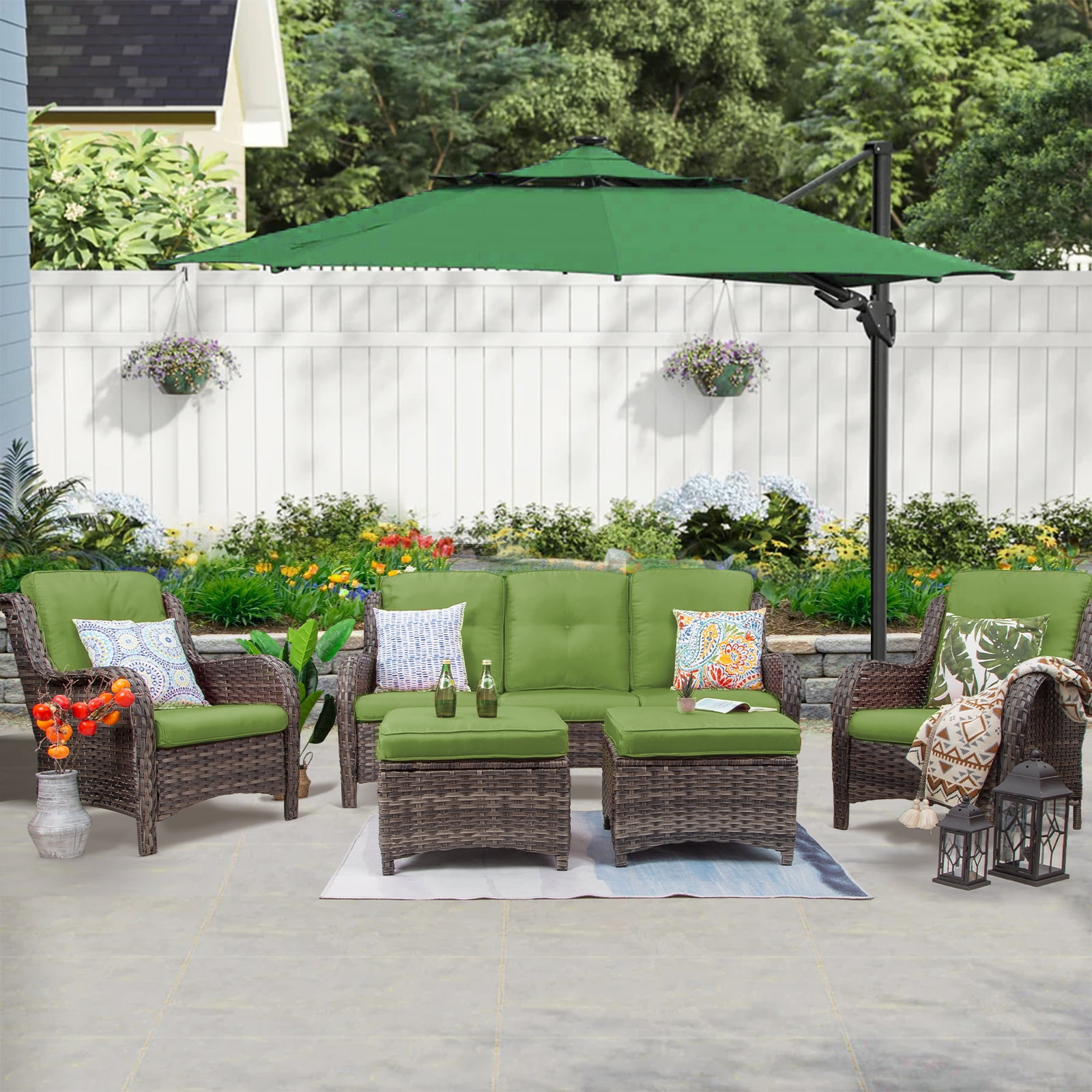 5-Piece Green Cushioned Wicker Patio Conversation Set