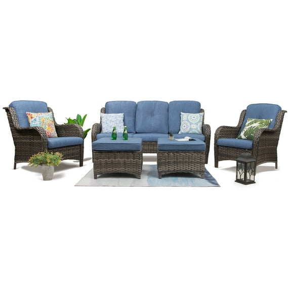 MeetLeisure 5 Pieces Patio Conversation Set, Two Wicker Chairs, One 3-Seat Sofas and Two Ottomans with 3.5-inch Seat Cushions, Navy