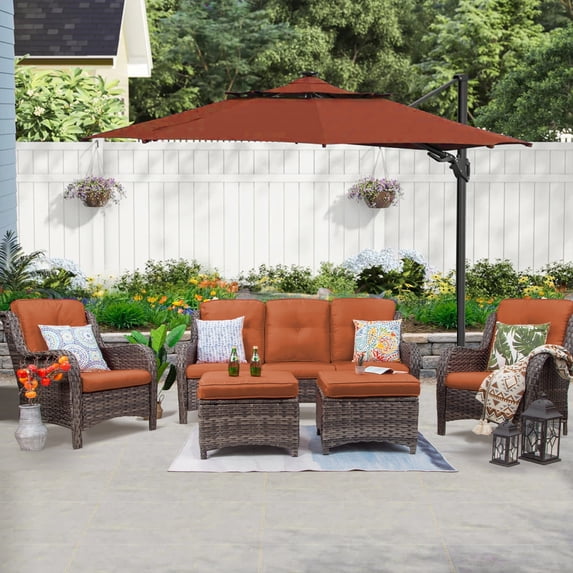 MeetLeisure 5 Pieces Patio Conversation Set, Two Wicker Chairs, One 3-Seat Sofas and Two Ottomans with 3.5-inch Seat Cushions, Orange