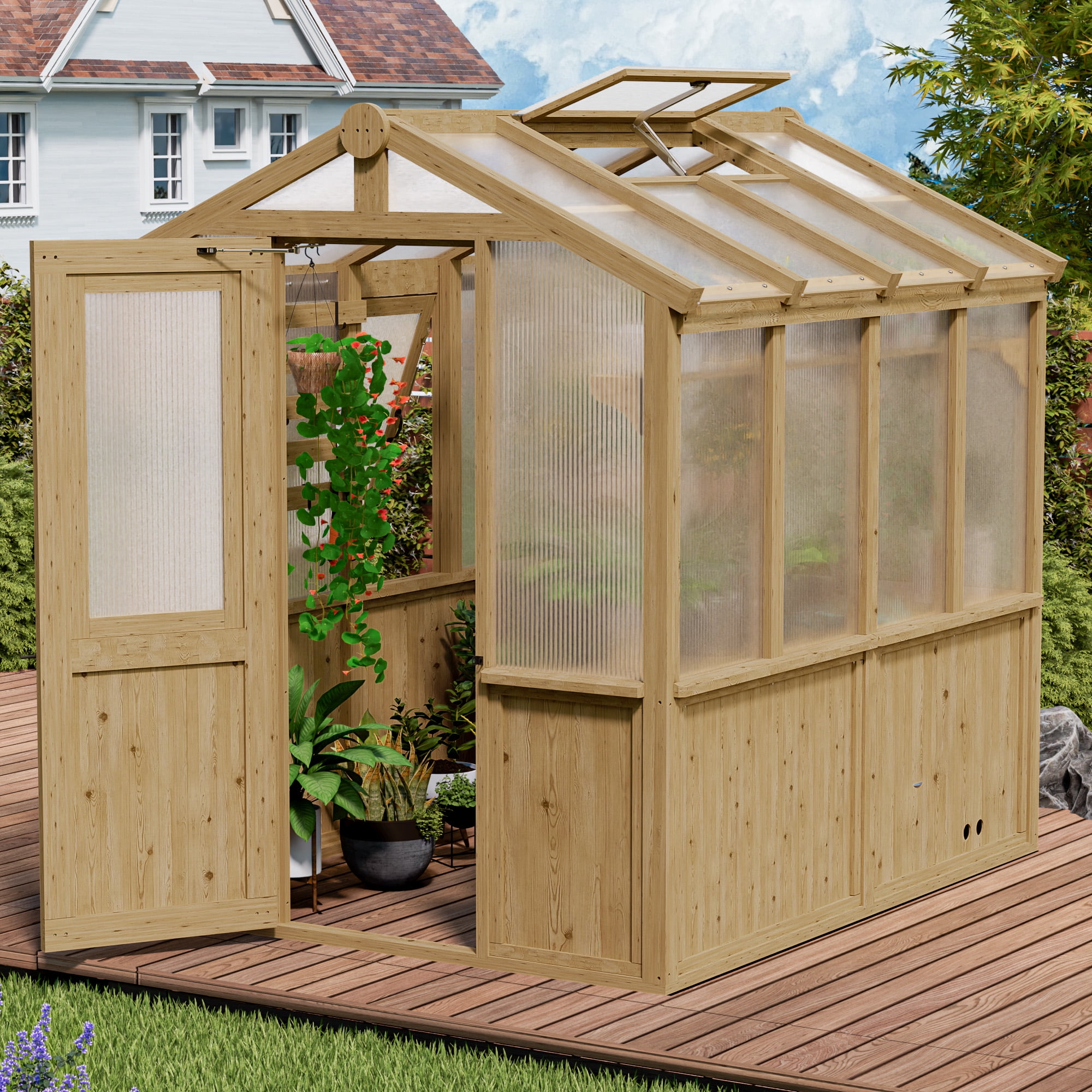 MeetLeisure 6.8 x 7.8 ft Solid Wood and Polycarbonate Walk-In Greenhouse, Spruce Wood Framed Hobby Greenhouse with Roof Vent, Horticultural Greenhouse with Automatic Vent Window, Natural