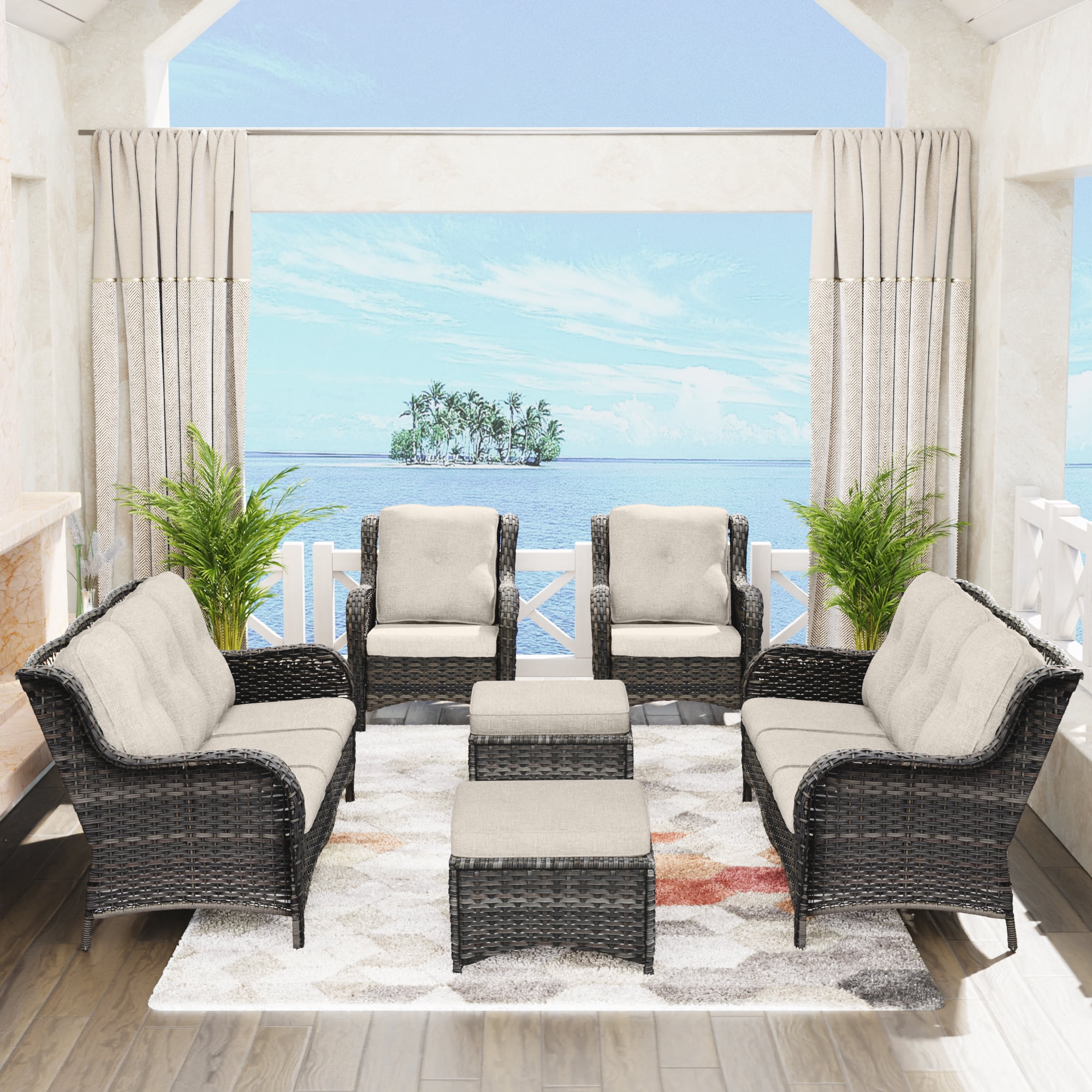 MeetLeisure 6Piece Wicker Outdoor Patio Conversational Set with Two 3