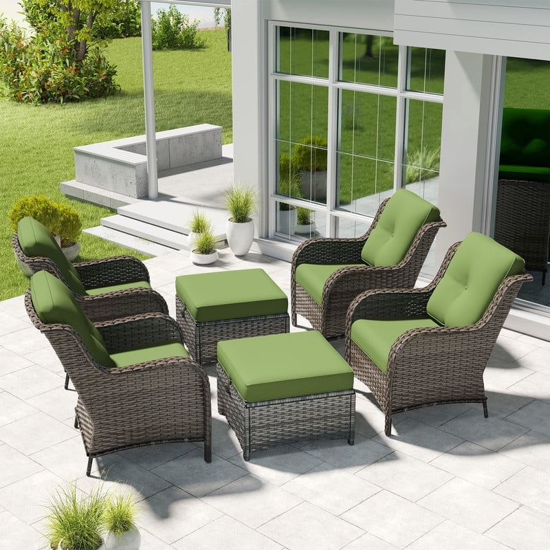 Meetleisure 6 Piece Wicker Patio Furniture Set, Rattan Chairs with Ottomans, High Back, Deep Seating, Wide Armrest, Thick Cushions for Deck Porch, Green