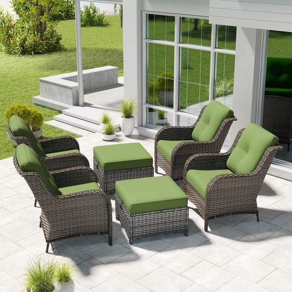 Meetleisure 6 Piece Wicker Patio Furniture Set, Rattan Chairs with Ottomans, High Back, Deep Seating, Wide Armrest, Thick Cushions for Deck Porch, Green