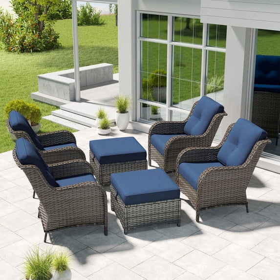 Meetleisure 6 Piece Wicker Patio Furniture Set, Rattan Chairs with Ottomans, High Back, Deep Seating, Wide Armrest, Thick Cushions for Deck Porch, Dark Blue