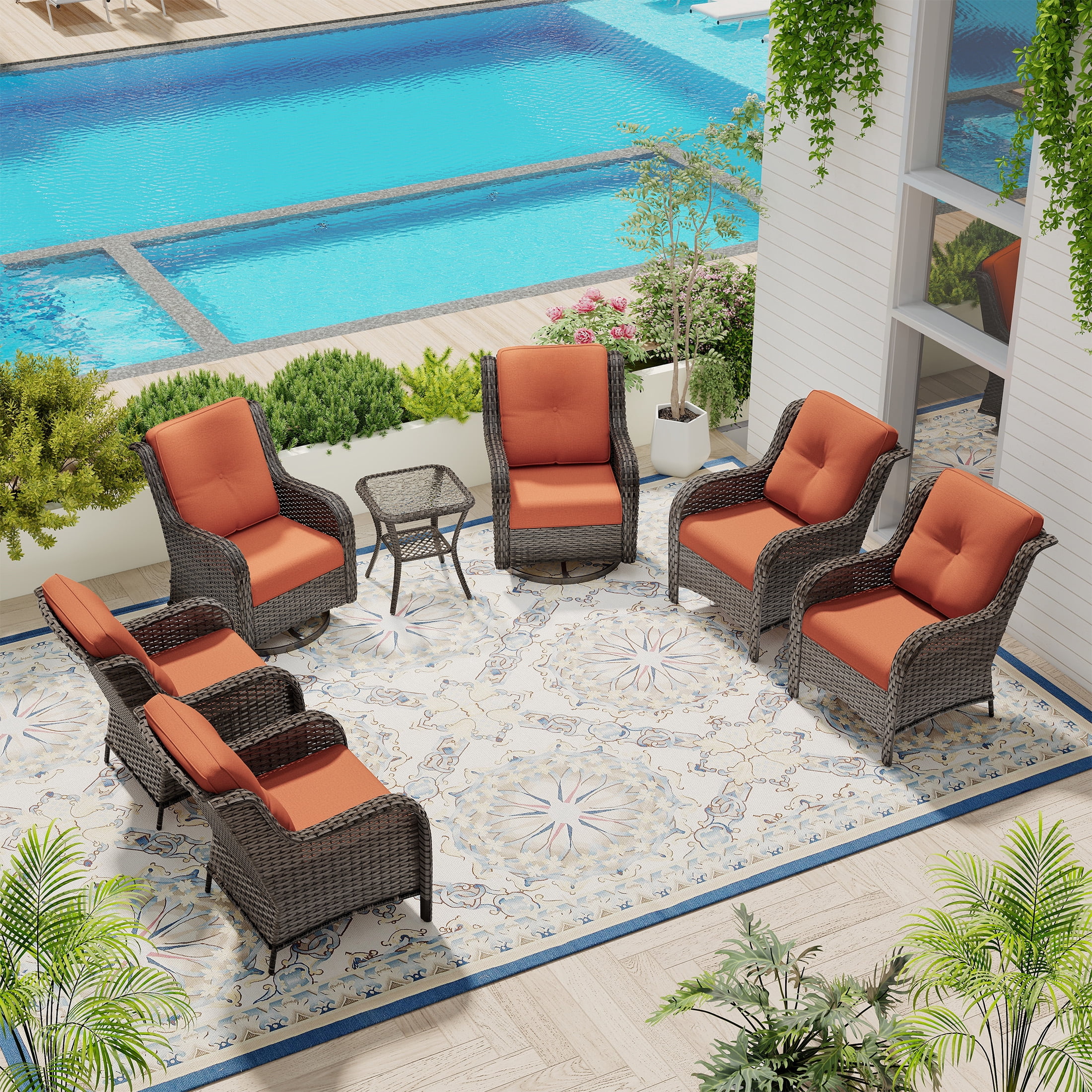 MeetLeisure 7 Piece Wicker Patio Furniture Set, 2 Swivel Rocker Chairs, 4 Rattan Armchairs, 1 Side Table, High Back, Deep Seating, Thick Cushions for Deck Porch, Orange