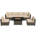thumbnail image 1 of MeetLeisure 7 Pieces Outdoor Furniture Set, PE Wicker Rattan Sectional Sofa with 43" Gas Propane Liftable Fire Pit Table, Beige, 1 of 12