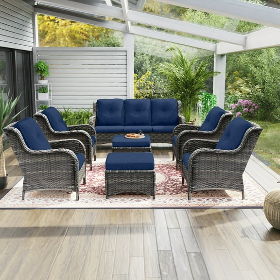 MeetLeisure 7 Pieces Patio Conversation Set, Four Wicker Chairs, One 3-Seat Sofas and Two Ottomans with 3.5-inch Seat Cushions,Navy
