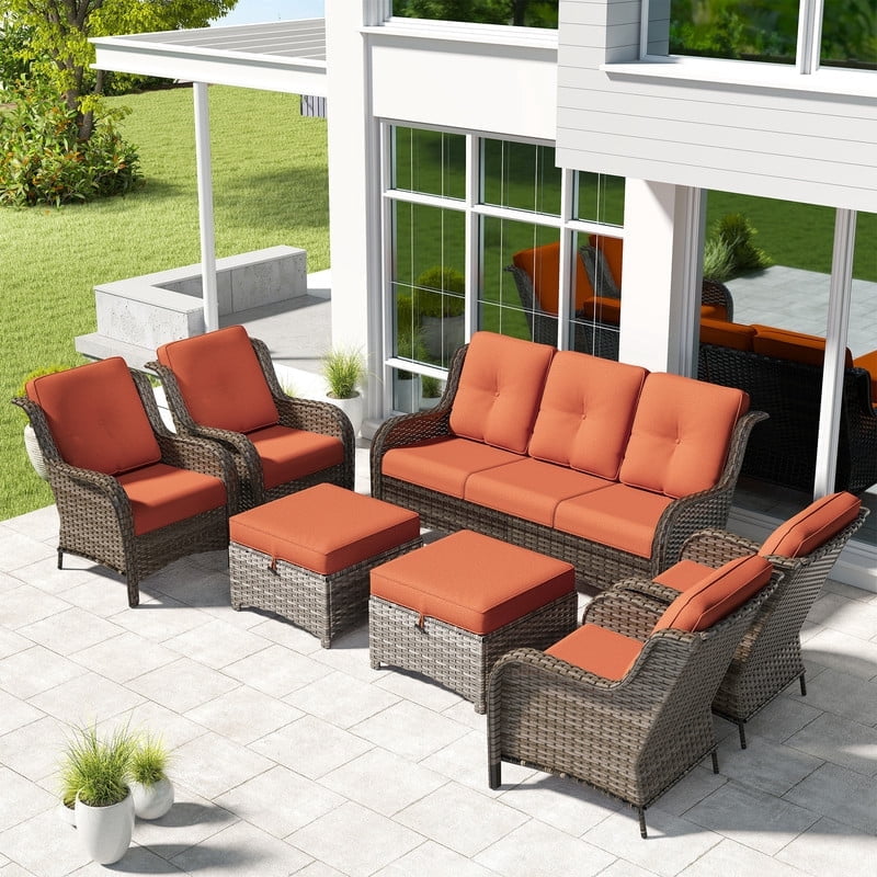 Meetleisure 7 Piece Wicker Patio Furniture Set, Rattan Chairs with 3-Seater Sofa, Ottomans, High Back, Deep Seating, Wide Armrest, Thick Cushions for Deck Porch, Orange