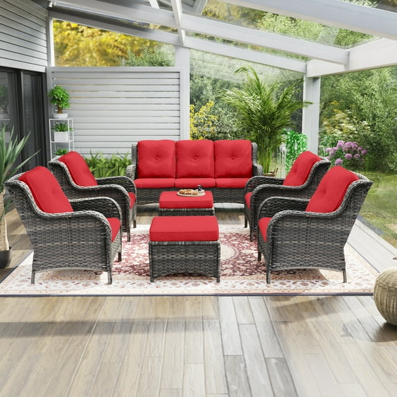 MeetLeisure 7 Pieces Patio Conversation Set, Four Wicker Chairs, One 3-Seat Sofas and Two Ottomans with 3.5-inch Seat Cushions,Red