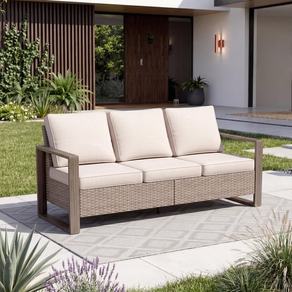 MeetLeisure 75" Patio Metal Wicker Sofa, All-Weather Outdoor Rattan 3-Seat Couch with Premium Cushions & Wood-Looking Metal Armrest for Garden Backyard Porch Deck, Beige