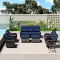 thumbnail image 1 of MeetLeisure 8 Piece Wicker Patio Furniture Set, Outdoor Swivel Rocker Chairs, Patio Sofa 3-Seat, High Back, Deep Seating, Wide Armrest, Thick Cushions for Deck Porch, Dark Blue, 1 of 10