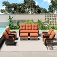 thumbnail image 1 of MeetLeisure 8 Piece Wicker Patio Furniture Set, Outdoor Swivel Rocker Chairs, Patio Sofa 3-Seat, High Back, Deep Seating, Wide Armrest, Thick Cushions for Deck Porch, Orange, 1 of 10