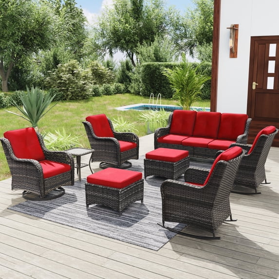 MeetLeisure 8 Pieces Outdoor Furniture Patio Furniture Set with One 3-Seat Sofa, Two Swivel Rocking Chairs,Two Rocking Chairs, Two Ottomans,One Side Table, Red