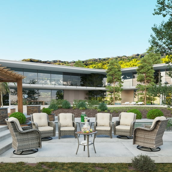 MeetLeisure 8 Pieces Outdoor Furniture Patio Furniture Set with Two Armchairs, Four Swivel Rocking Chairs, Two Side Tables, Beige