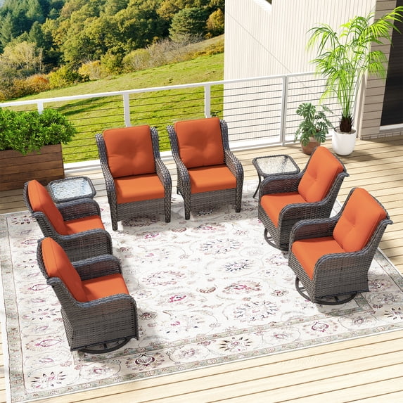 MeetLeisure 8 Piece Wicker Patio Furniture Set, Swivel Rocker Chairs with 2 Side Tables, High Back, Deep Seating, Wide Armrest, Thick Cushions for Deck Porch, Orange