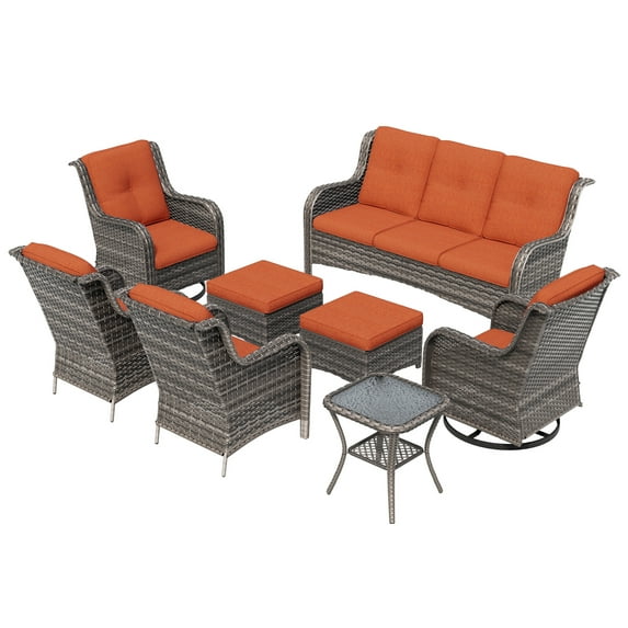 MeetLeisure 8 Pieces Outdoor Furniture Patio Furniture Set with One 3-Seat Sofa, Two Swivel Rocking Chairs,Two Armchairs, Two Ottomans,One Side Table, Orange