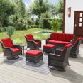 thumbnail image 1 of MeetLeisure 8 Pieces Outdoor Furniture Patio Furniture Set with One 3-Seat Sofa, Two Swivel Rocking Chairs,Two Rocking Chairs, Two Ottomans,One Side Table, Red, 1 of 14