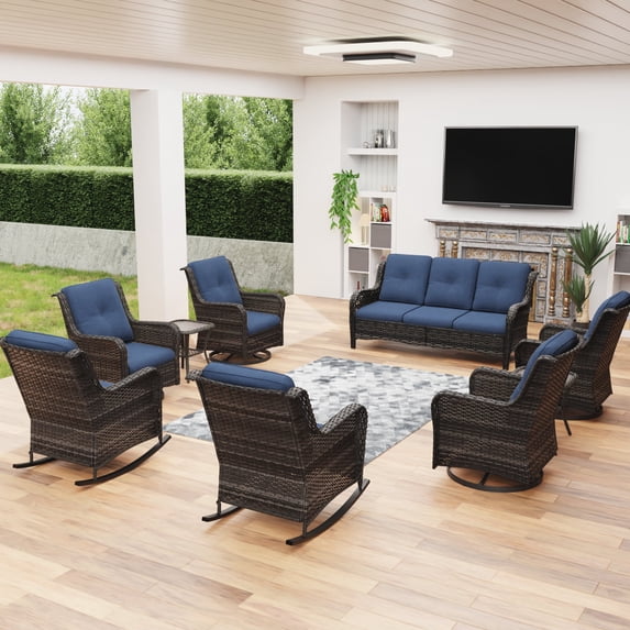 MeetLeisure 9 Pieces Outdoor Furniture Patio Furniture Set with One 3-Seat Sofa, Four Swivel Rocking Chairs,Two Rocking Chairs,Two Side Tables, Blue