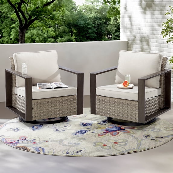 MeetLeisure Contemporary Wicker Swivel Rocker Patio Chairs, Beige (Set of 2)