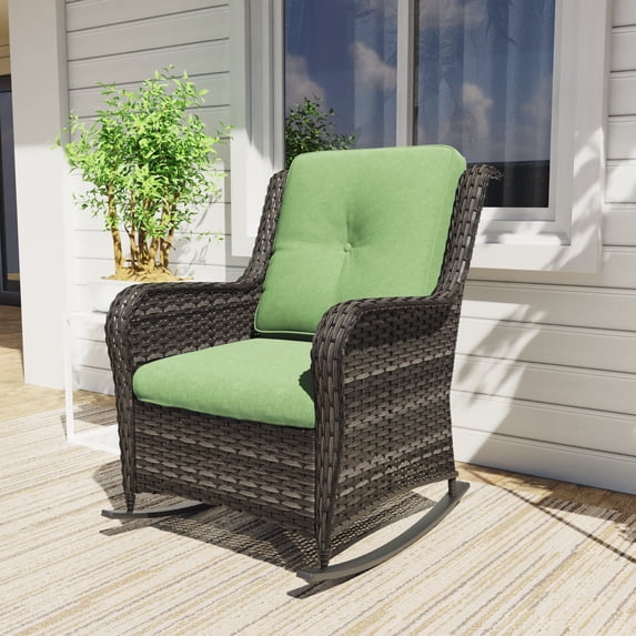 MeetLeisure Hand-woven Wicker Outdoor Rocking Chair with Green Cushion