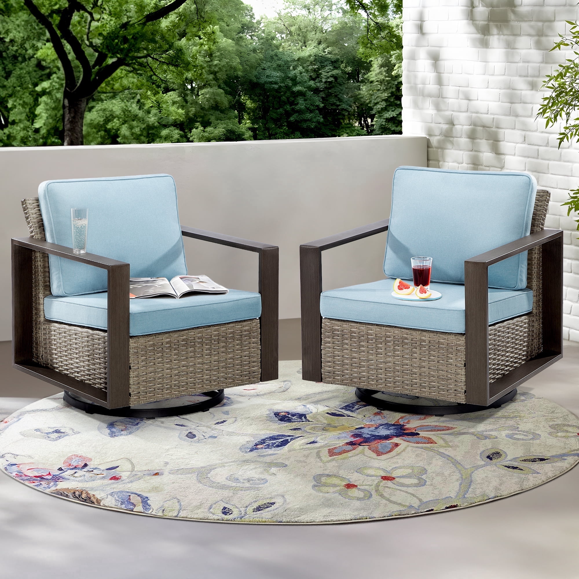 MeetLeisure Outdoor Swivel Patio Metal Chairs Set of 2, 360 Degree Glider Rocker Rattan Chairs with Washable Cushion & Steel Rectangular Armrest for Porch, Sky Blue