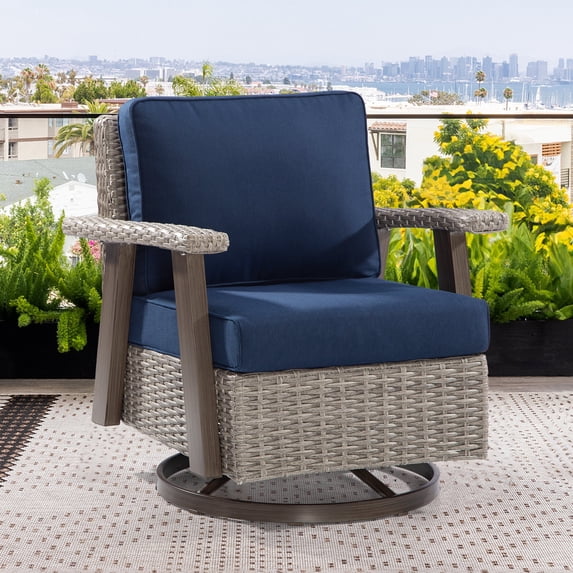 MeetLeisure Outdoor Polyethylene (PE) Wicker Swivel Rocker Chair, Navy