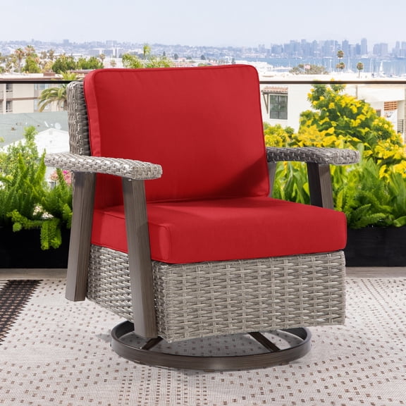 MeetLeisure Outdoor Polyethylene (PE) Wicker Swivel Rocker Chair, Red