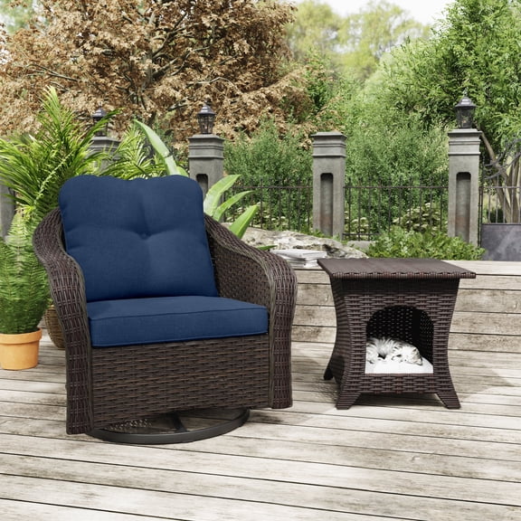 MeetLeisure Outdoor Polyethylene (PE) Wicker Swivel Rocker Chair with Side Table, Navy