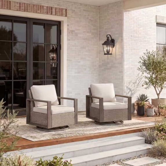 MeetLeisure Outdoor Swivel Patio Metal Chairs Set of 2, 360 Degree Glider Rocker Rattan Chairs with Washable Cushion & Steel Rectangular Armrest for Porch, Beige