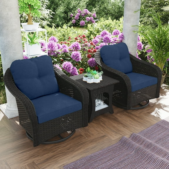 MeetLeisure Outdoor Swivel Rocker Wicker Patio Chairs Sets of 2 with Table, Navy