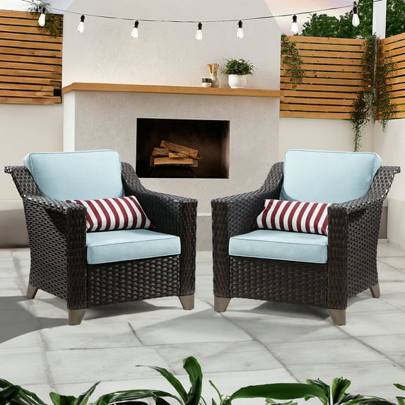 MeetLeisure Outdoor Wicker Chairs Set 2 Pieces Patio Furniture High Back Patio Chairs, Sky Blue