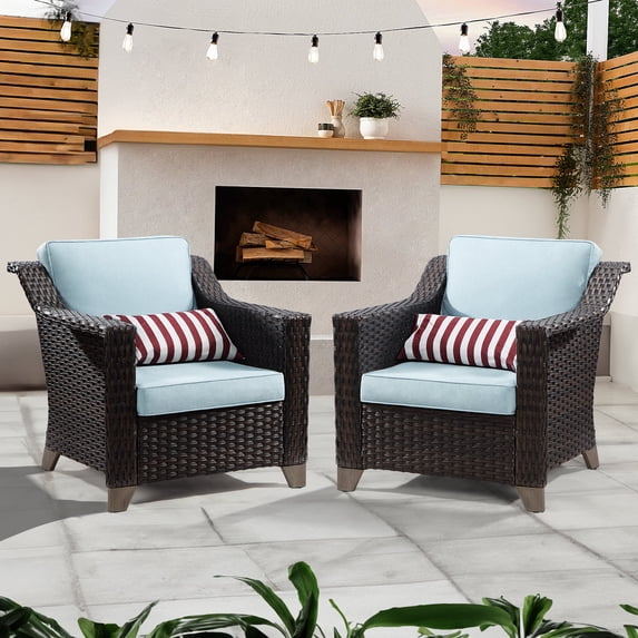 MeetLeisure Patio 2 Pieces Wicker Chairs Set, Outdoor PE Rattan Armchairs with Water-Resistant Cushions, Removable Washable Covers for Porch Balcony Sunroom, Sky Blue