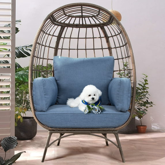 MeetLeisure Patio Brown Wicker Indoor/Outdoor Egg Lounge Chair with Blue Cushions