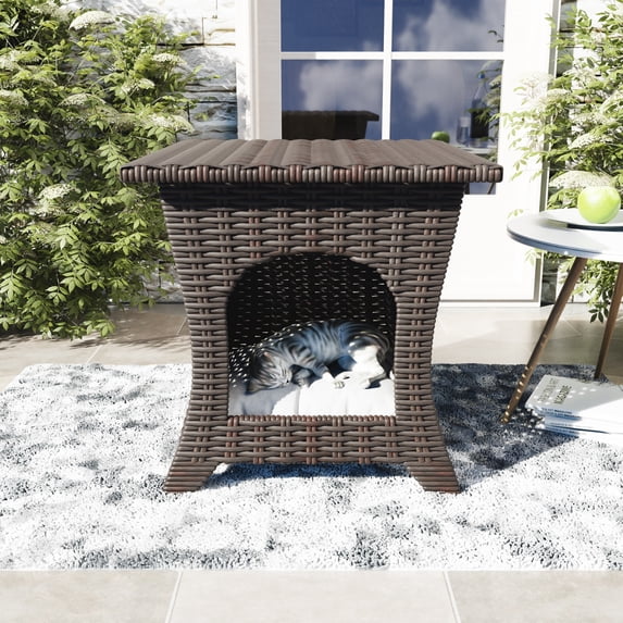 MeetLeisure Patio End Table, Wicker Side Table and Cat Bed with A Cushion for Cats