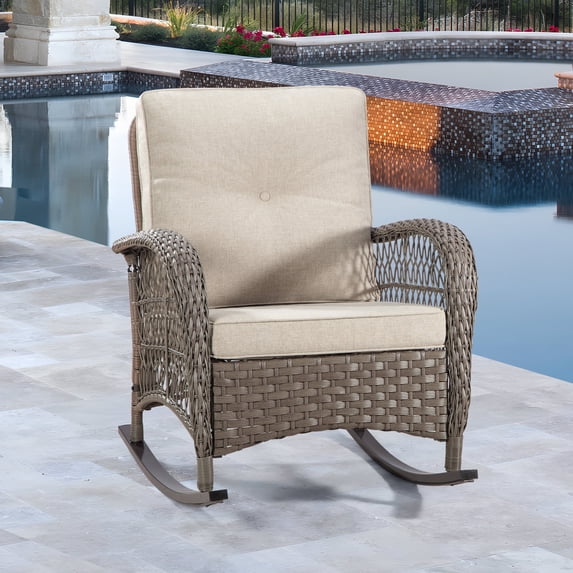 MeetLeisure Patio Wicker Outdoor Lounge Rocking Chair with Cushion, Beige