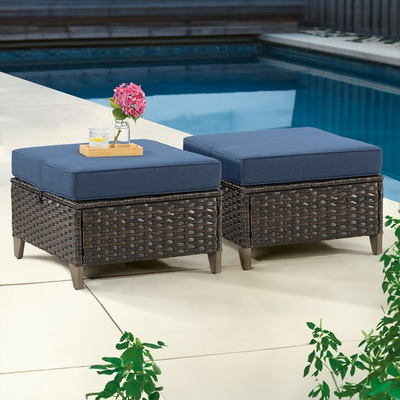 MeetLeisure Set of 2 Patio Rattan Ottoman Footrest Garden Outdoor with Cushions, Navy