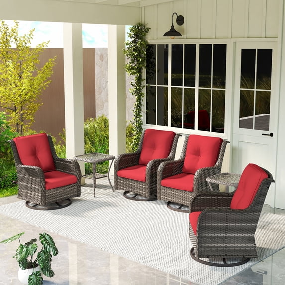 MeetLeisure 6 Piece Wicker Patio Furniture Set with 2 Side Tables, Outdoor Swivel Rocker Chairs with High Back, Deep Seating, Wide Armrest, Thick Cushions for Deck Porch, Red
