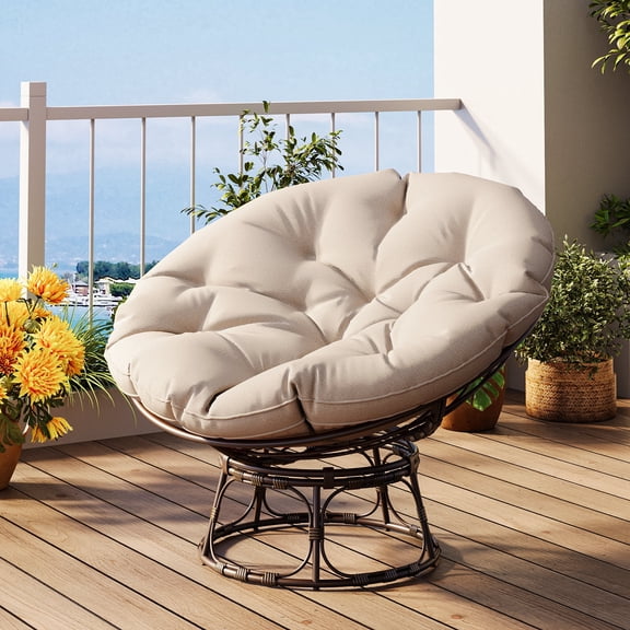 MeetLeisure 46 Inch Large Papasan Chair Handwoven Wicker with Thcik Olefin Cushion,Sturdy Steel Frame,Waterproof for Living Room,Bedroom,Lounge,Balcony,Indoor Outdoor,White Beige