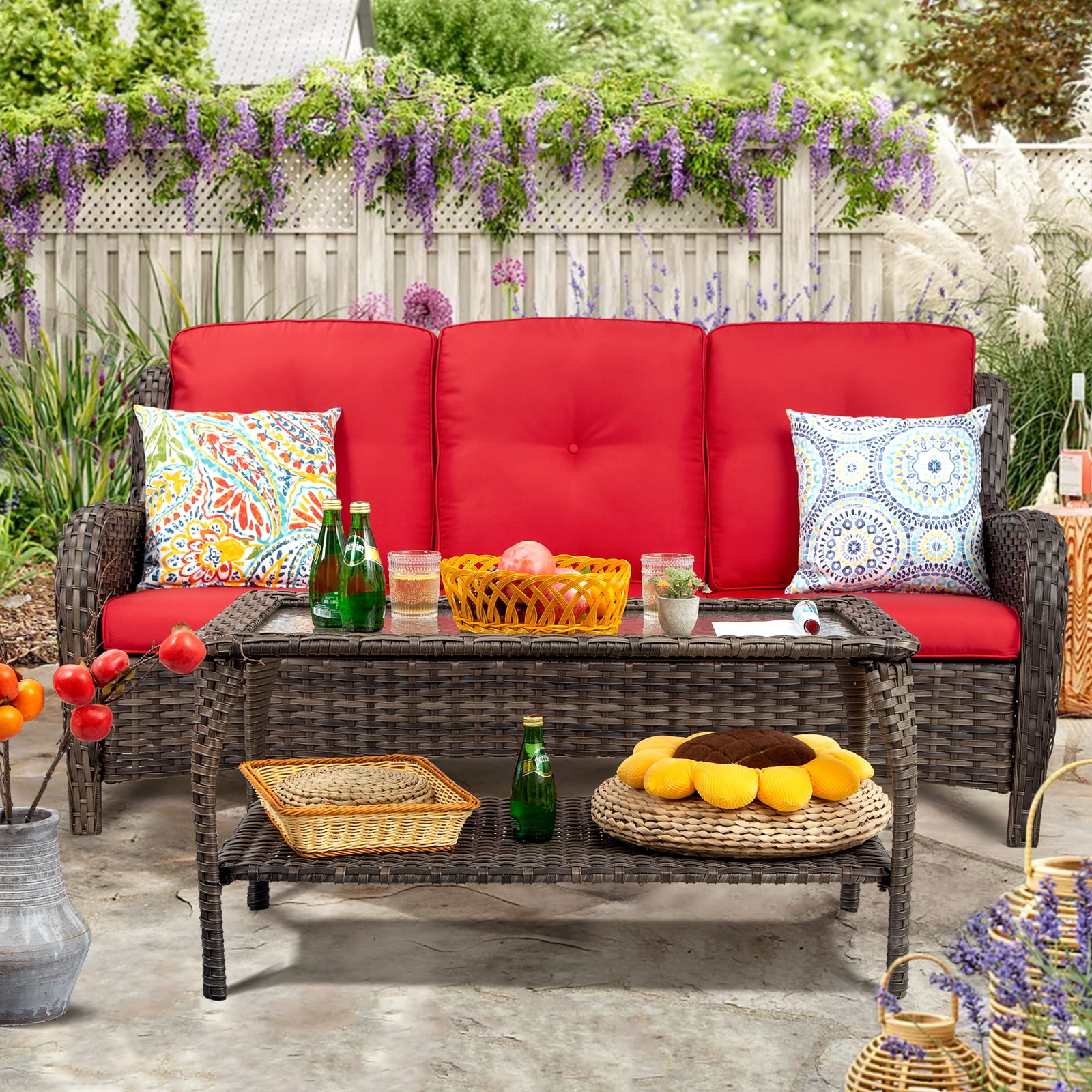 MeetLeisure Wicker Outdoor Sofa with Red Cushion and Table