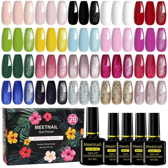 MeetNail 24 Pcs Gel Nail Polish Kit, 20 Colors Soak off UV/LED Gel Polish Sets with Base Coat, Glitter & Matte Top Coat Gifts for Women